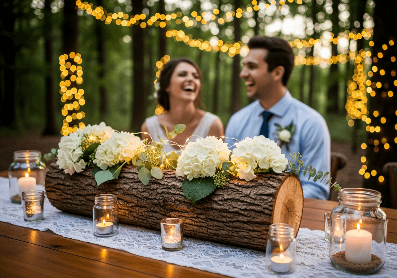 Accessoires de mariage en toile de jute : menu, porte-alliances et guirlande