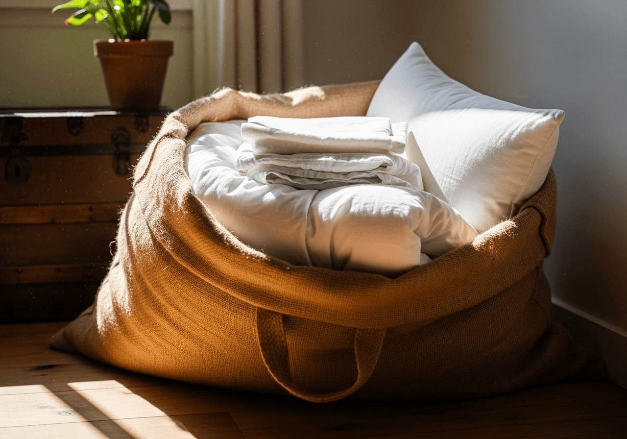 sac en toile de jute pour rangement couette oreiller linge - conseils et astuces